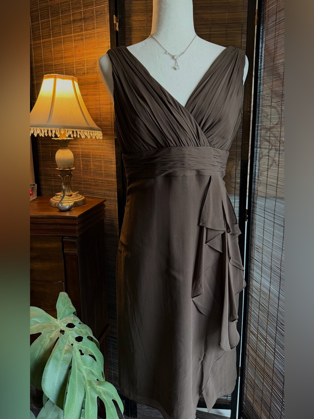Donna Morgan Silk Dress Size 8 Brown 100% Silk Pleated V Neck Ruffle Cocktail